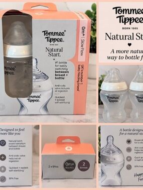 Tommee Tippee Natural Start Baby Bottles 9 oz 2 Pack 0m+ Slow Flow NEW